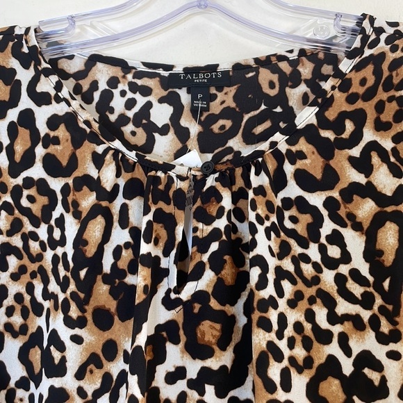 NWT. Talbots P Leopard Woven  Notch Neck Cinch Short Sleeve Blouse. - Picture 6 of 14